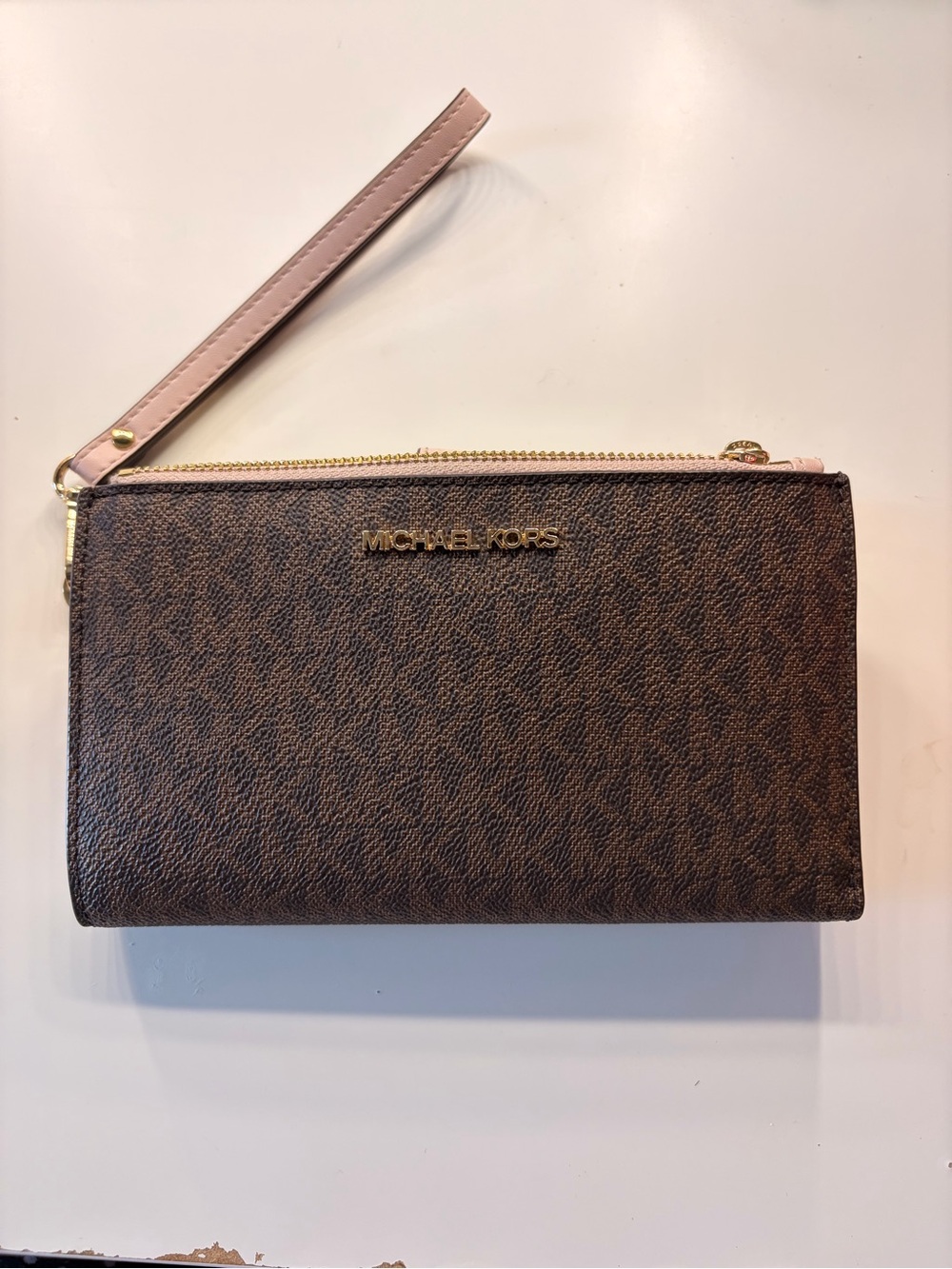 Michael Kors Jet Set Double Zip Phone Wristlet Wallet Brown and Pink